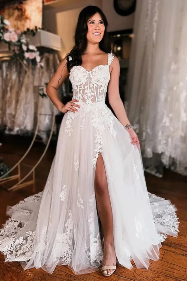 A-line Off Shoulder Elegant Wedding Dress With Lace Appliques TN405