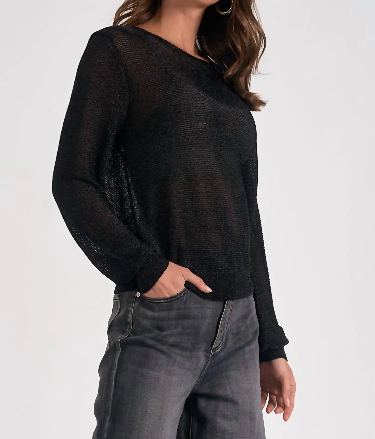 Ainsley Metallic Mesh Crewneck Sweater In Black