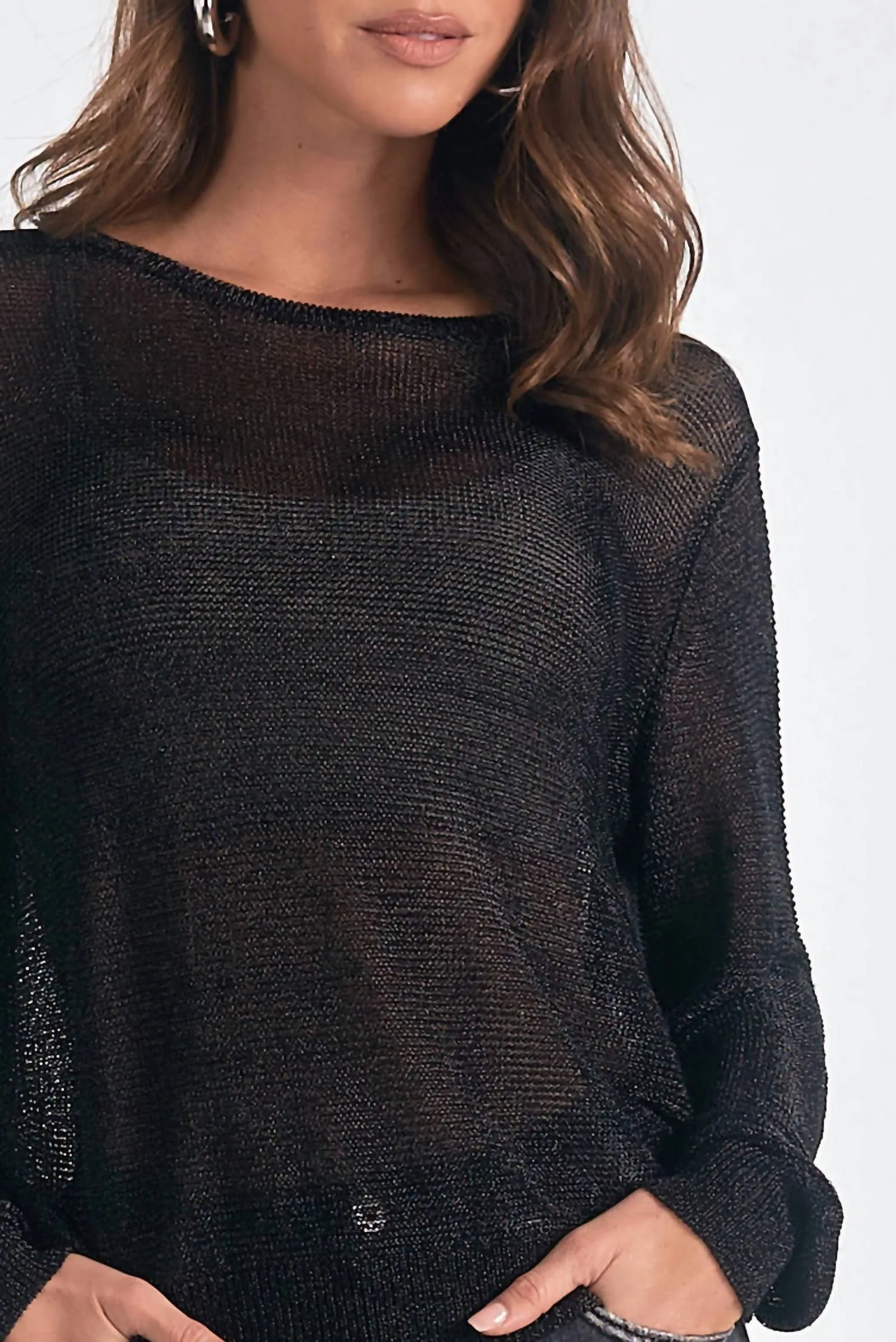 Ainsley Metallic Mesh Crewneck Sweater In Black