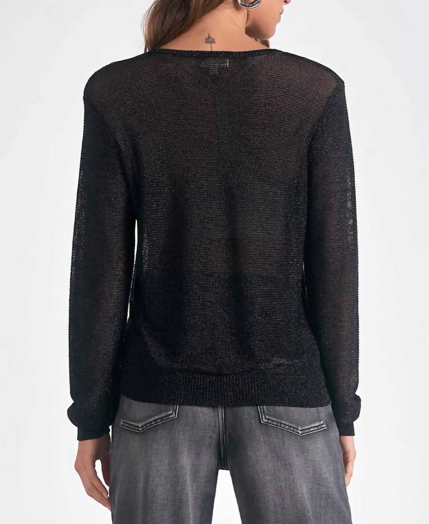 Ainsley Metallic Mesh Crewneck Sweater In Black
