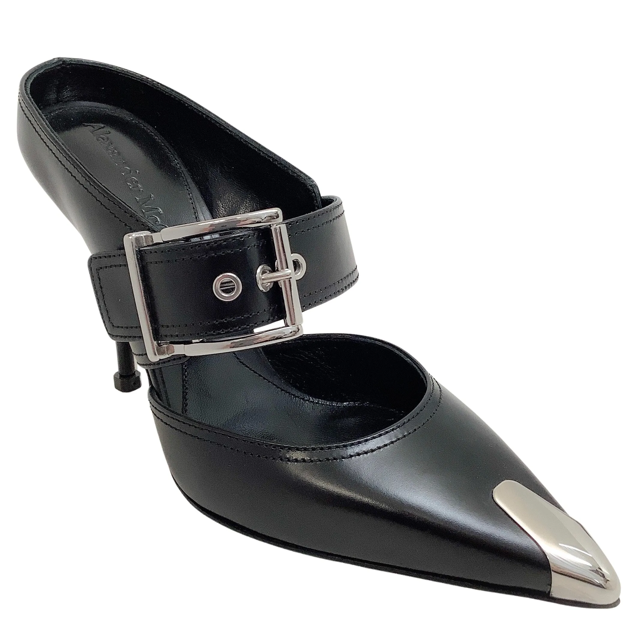 Alexander McQueen Black Leather Punk Buckle Mules