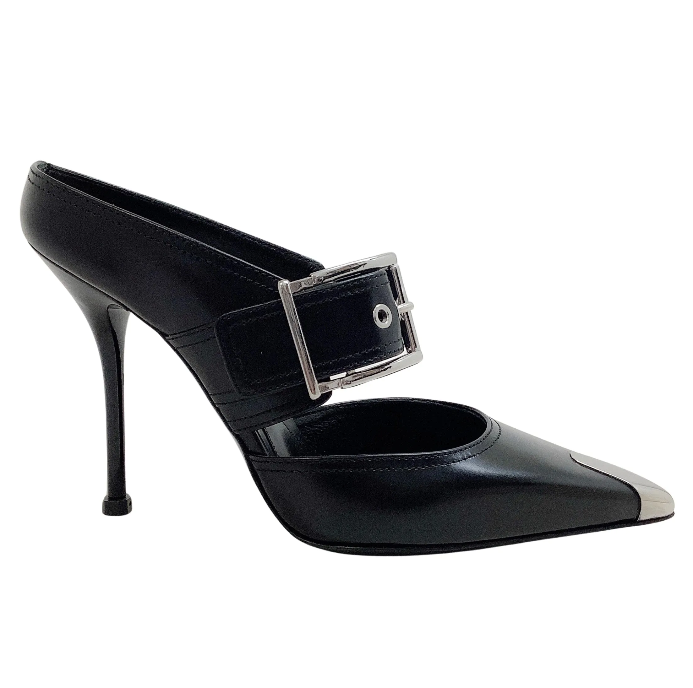 Alexander McQueen Black Leather Punk Buckle Mules