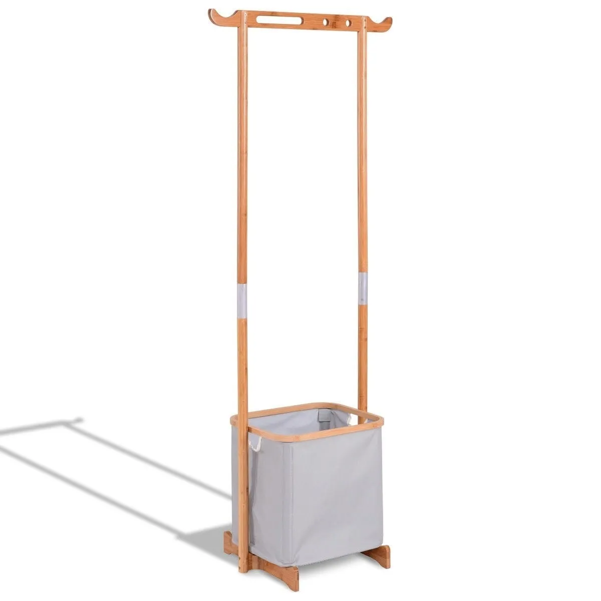 Bamboo Frame Laundry Hamper Basket with Garment Rack Clothes Hanger