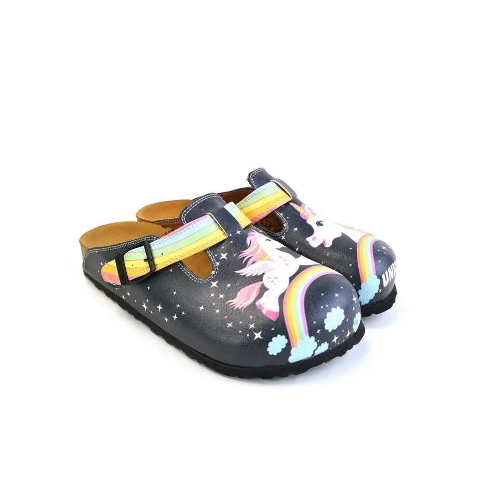 Black Colored and Rainbow, Running Unicorn Patterned Clogs - WCAL364