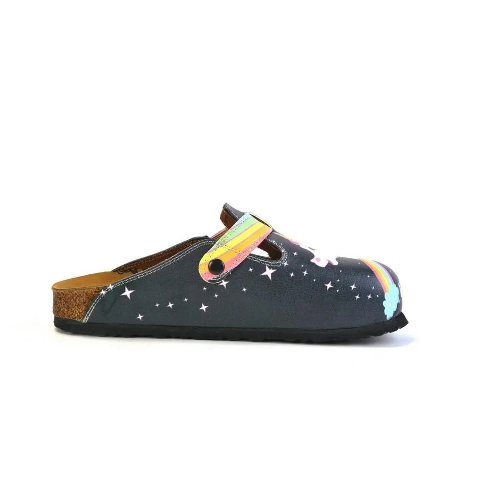 Black Colored and Rainbow, Running Unicorn Patterned Clogs - WCAL364