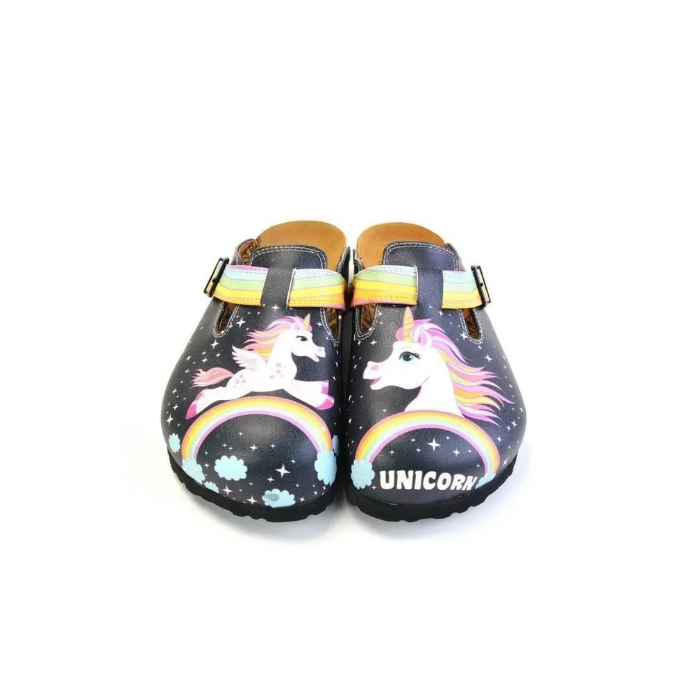 Black Colored and Rainbow, Running Unicorn Patterned Clogs - WCAL364
