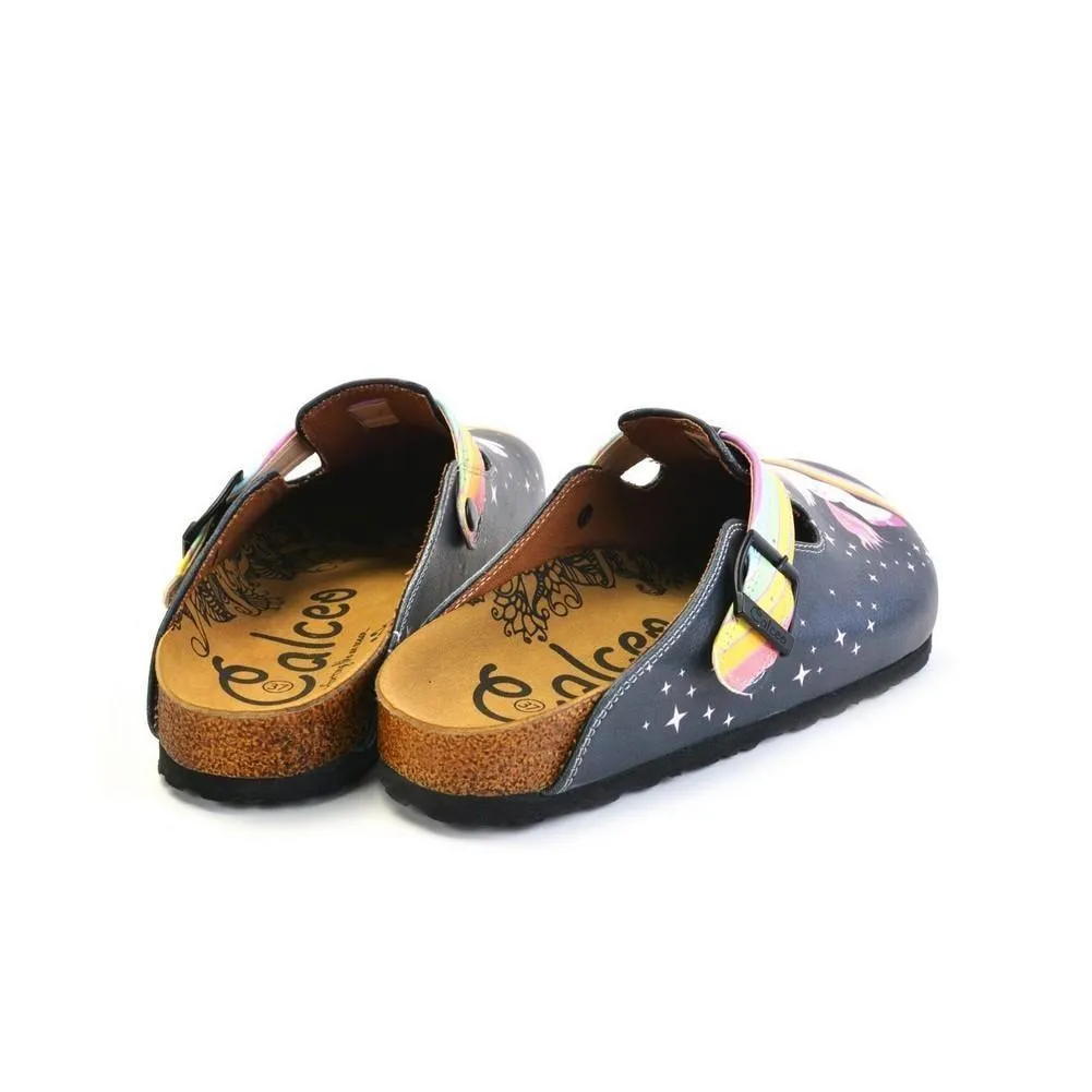 Black Colored and Rainbow, Running Unicorn Patterned Clogs - WCAL364