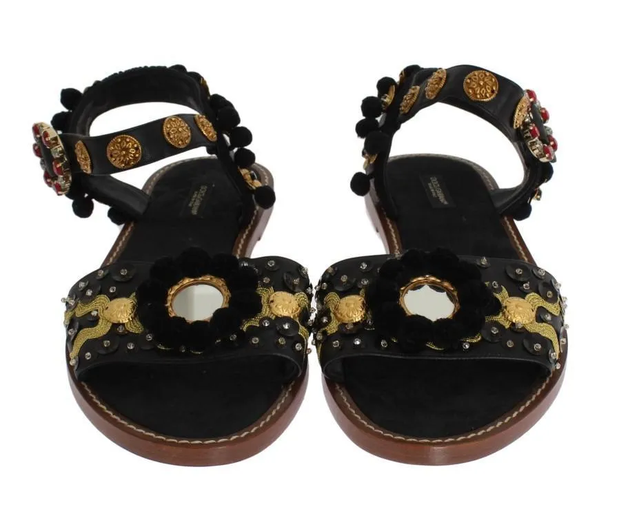 Black Leather Pom Pom Crystal Sandals
