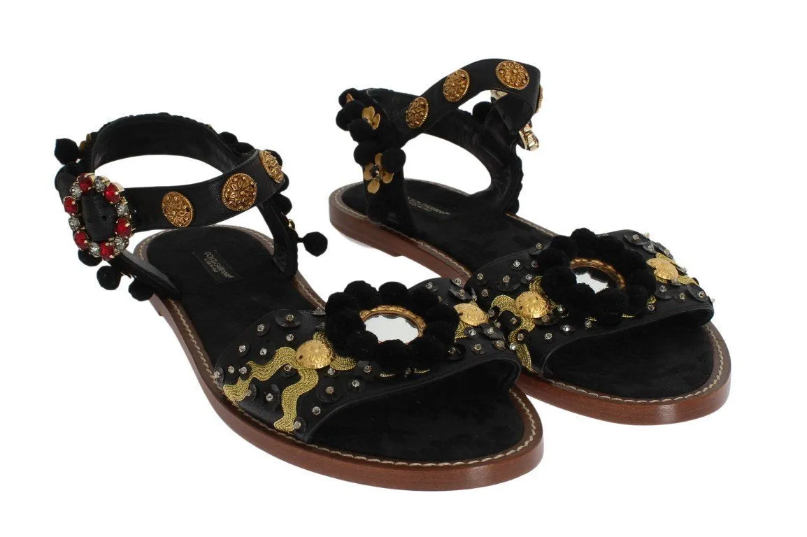 Black Leather Pom Pom Crystal Sandals