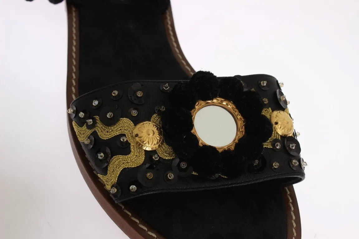 Black Leather Pom Pom Crystal Sandals