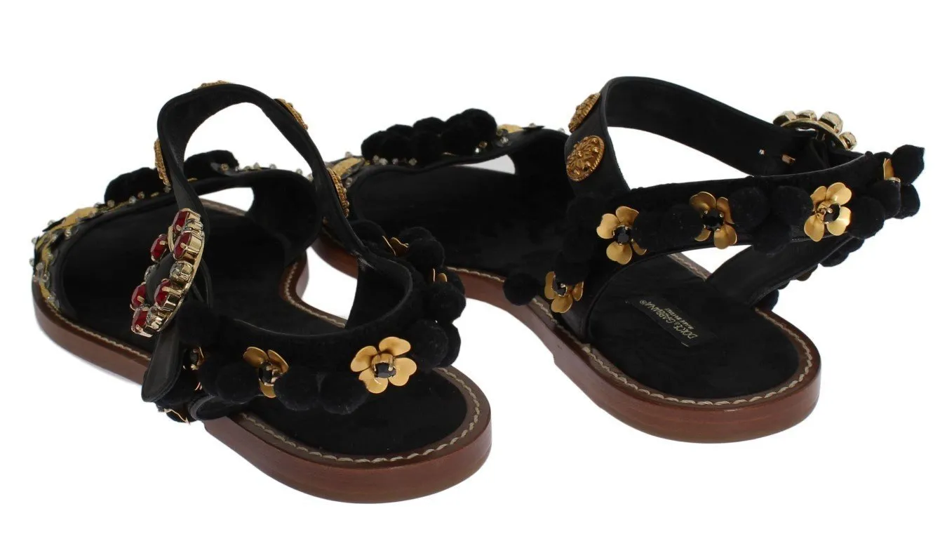 Black Leather Pom Pom Crystal Sandals