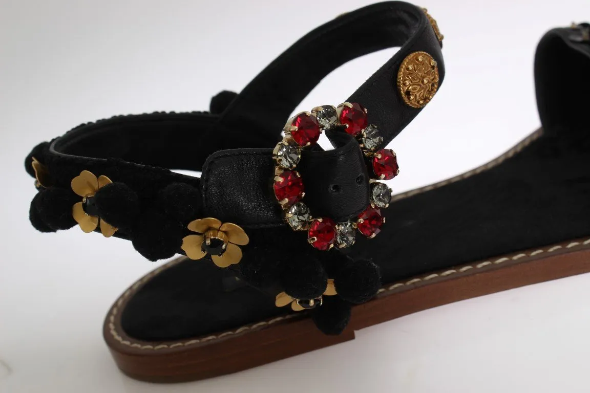 Black Leather Pom Pom Crystal Sandals