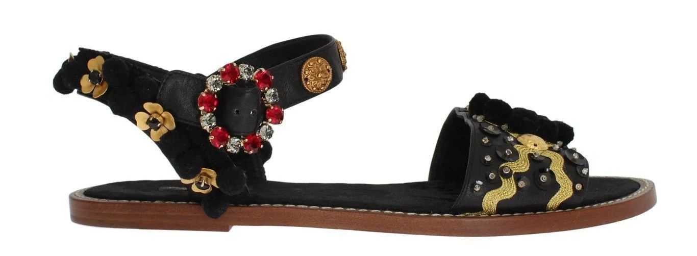 Black Leather Pom Pom Crystal Sandals