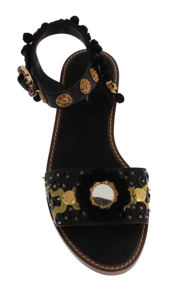 Black Leather Pom Pom Crystal Sandals