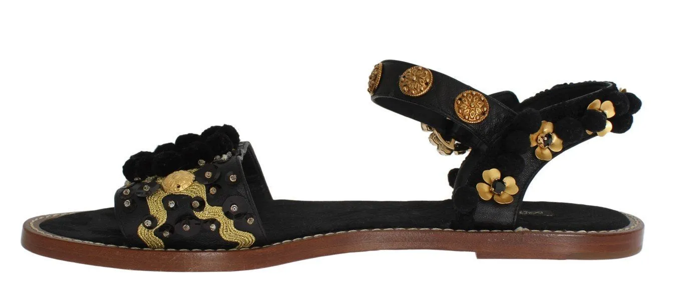 Black Leather Pom Pom Crystal Sandals