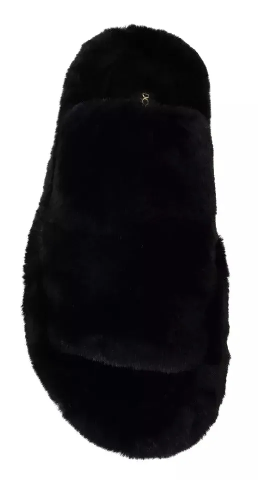Black Polyester Faux Fur Mens Flats Sandals Shoes