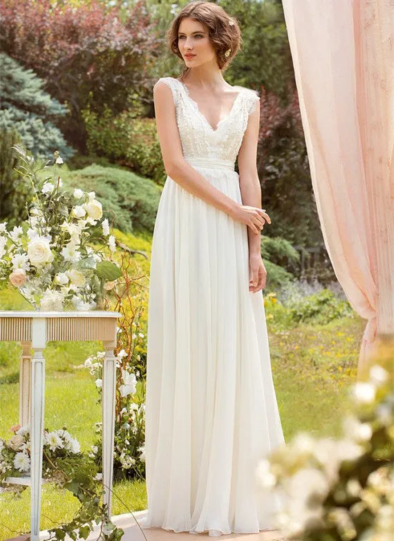 Bohemian Bridal Wedding Dress, Lace Summer Elegant V-Neck Bridal Dress