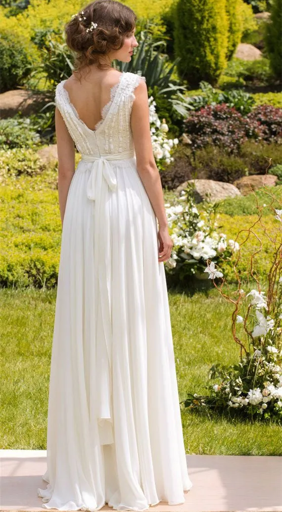 Bohemian Bridal Wedding Dress, Lace Summer Elegant V-Neck Bridal Dress
