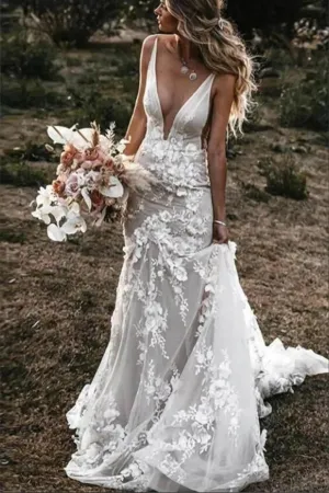 Bohemian Mermaid Wedding Dress Flower Appliques Deep V Neck Bridal Gown TN354