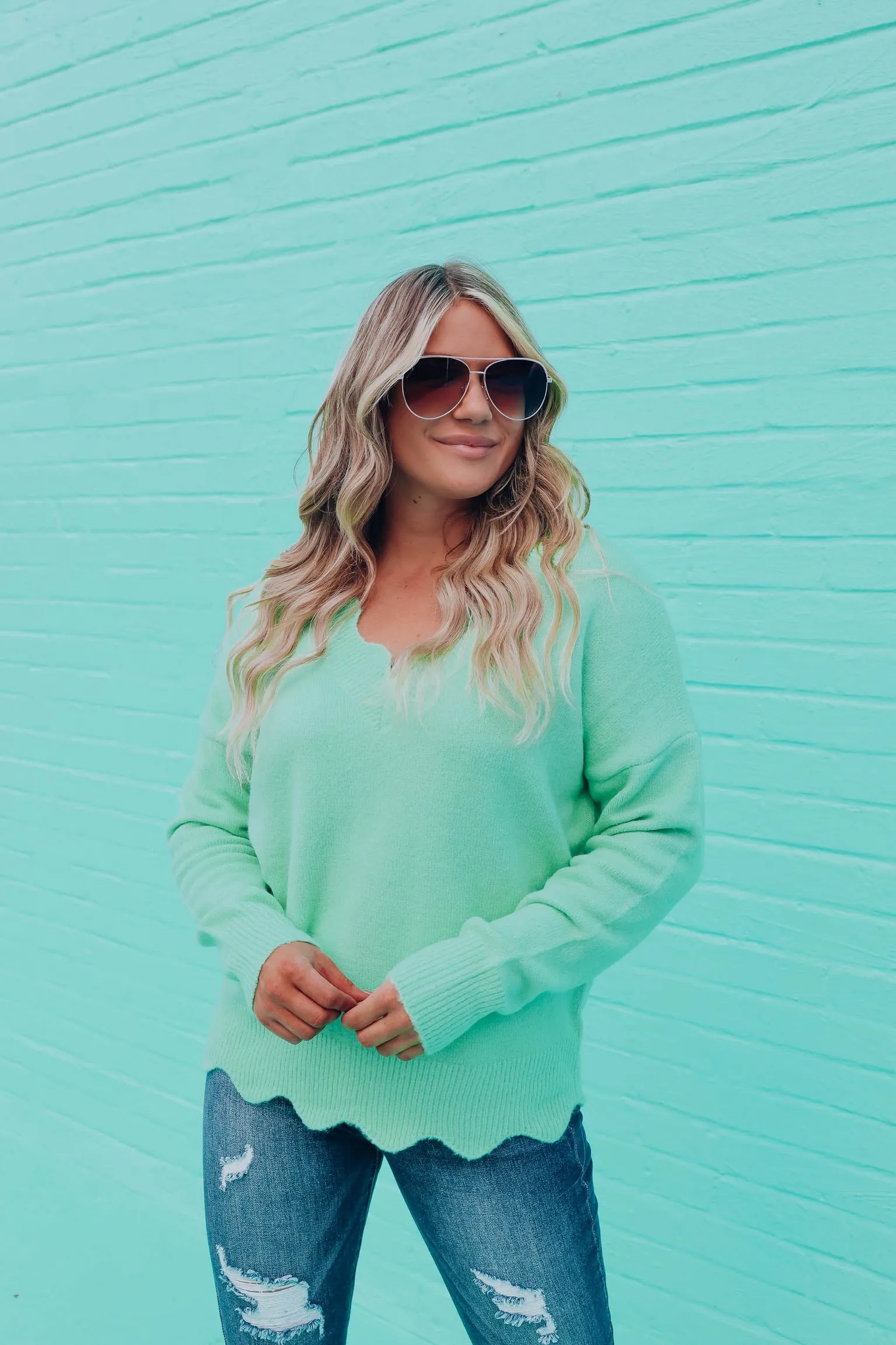 Carissa Knit Scalloped Sweater - Seafoam