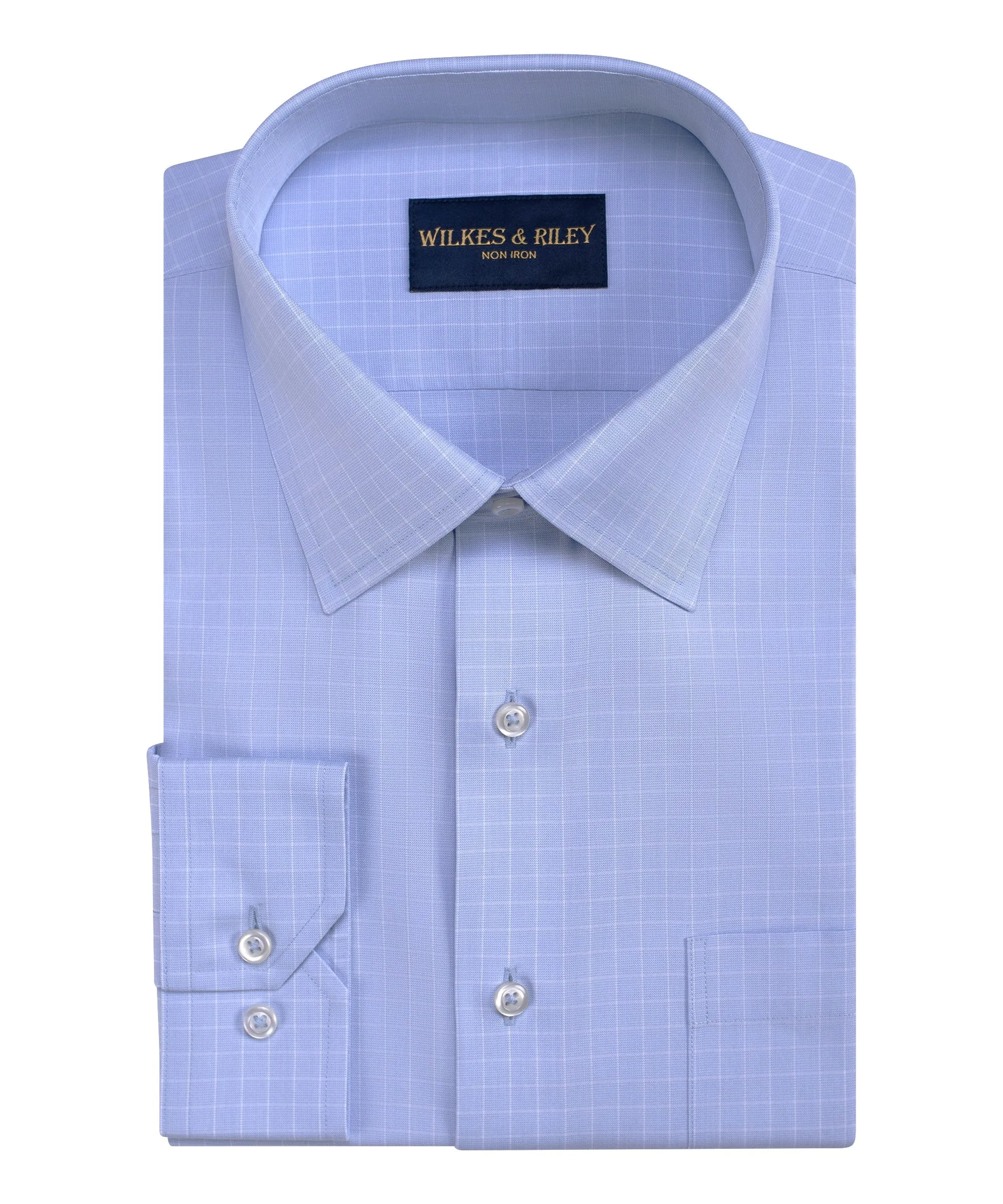 Classic Fit Light Blue Ground Grid Spread Collar Non-Iron Pinpoint Oxford Dress Shirt