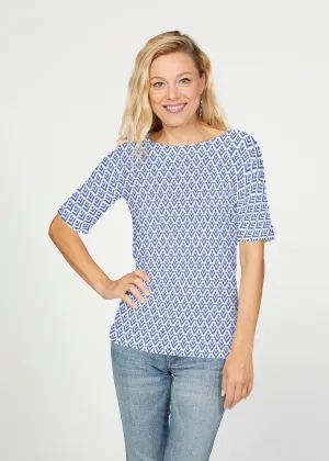 Cosmo Geo (13568) ~ Banded Elbow Sleeve Boat Neck Top