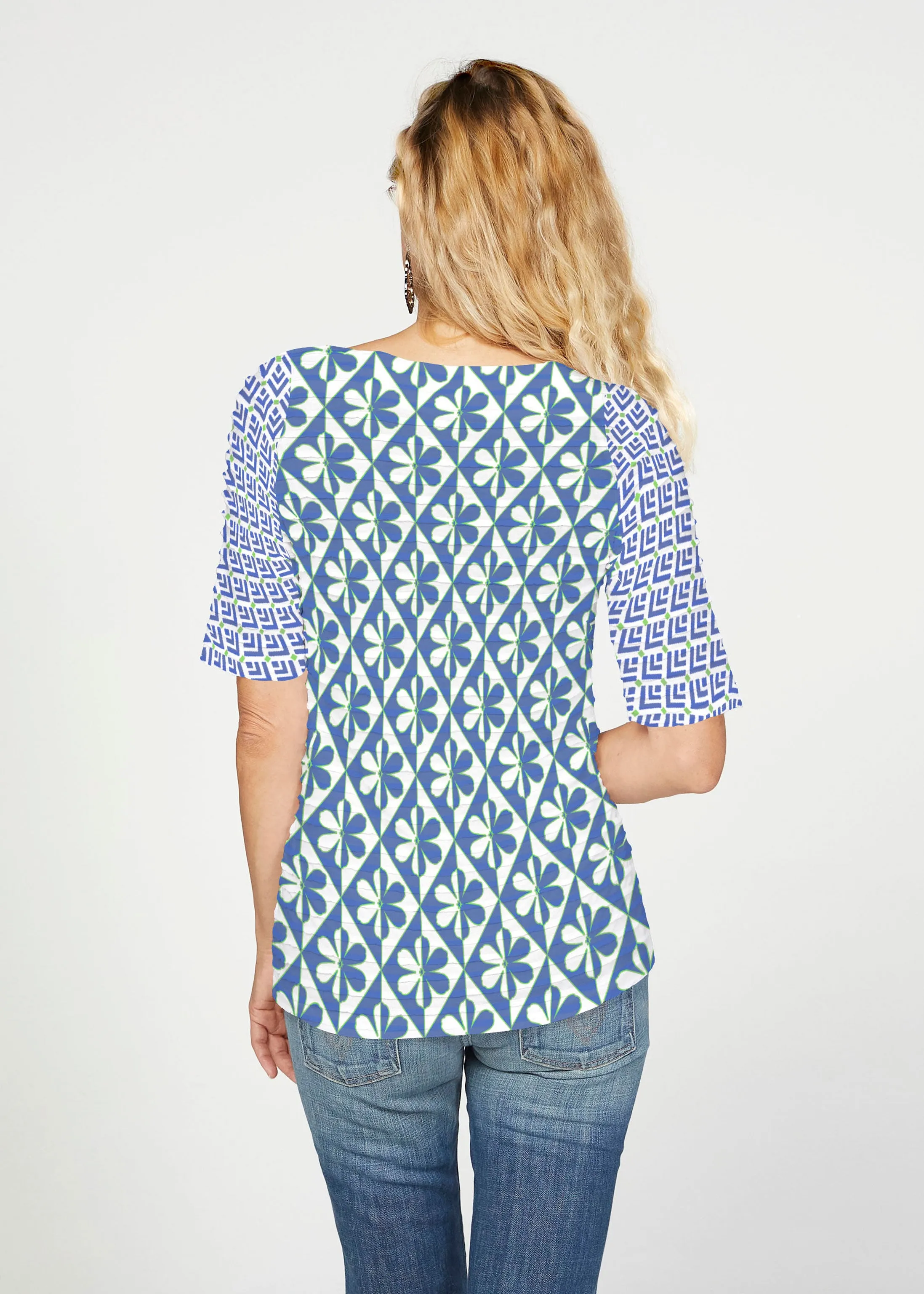 Cosmo Geo (13568) ~ Banded Elbow Sleeve Boat Neck Top