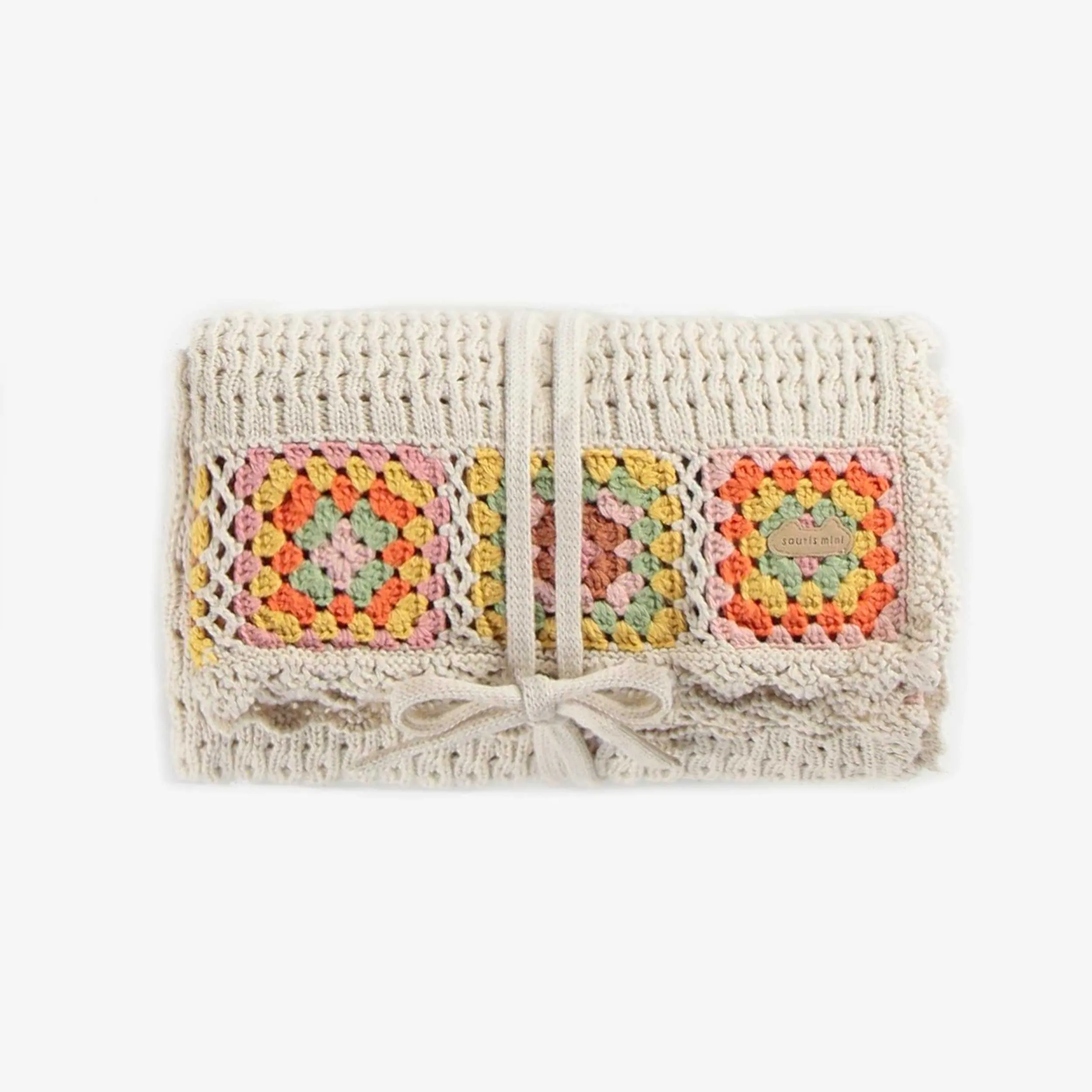 Couverture crème avec bordure colorée en crochet, naissance || Crochet cream blanket with colorful border in crochet, newborn