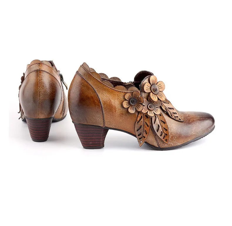 CrazycatZ Leather Pumps,Women Colorful Vintage Block Heel Oxford Vintage Floral Shoes Brown