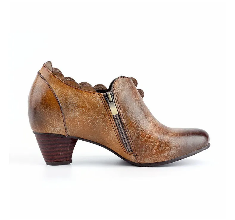 CrazycatZ Leather Pumps,Women Colorful Vintage Block Heel Oxford Vintage Floral Shoes Brown