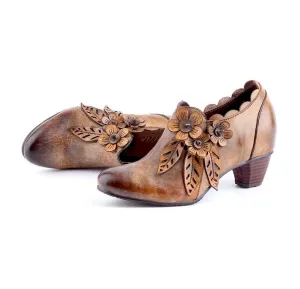 CrazycatZ Leather Pumps,Women Colorful Vintage Block Heel Oxford Vintage Floral Shoes Brown