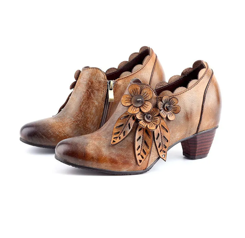 CrazycatZ Leather Pumps,Women Colorful Vintage Block Heel Oxford Vintage Floral Shoes Brown