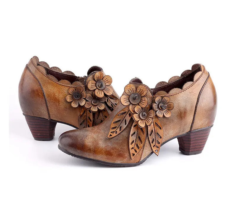 CrazycatZ Leather Pumps,Women Colorful Vintage Block Heel Oxford Vintage Floral Shoes Brown