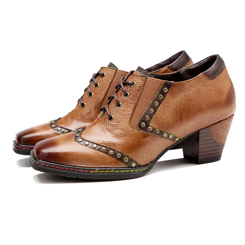 CrazycatZ Leather Pumps,Women Colorful Vintage Block Heel Oxford Vintage Shoes Brown