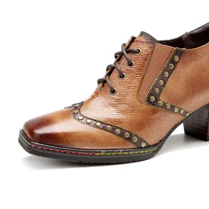 CrazycatZ Leather Pumps,Women Colorful Vintage Block Heel Oxford Vintage Shoes Brown