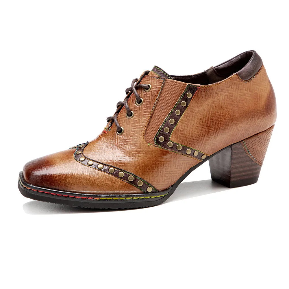 CrazycatZ Leather Pumps,Women Colorful Vintage Block Heel Oxford Vintage Shoes Brown