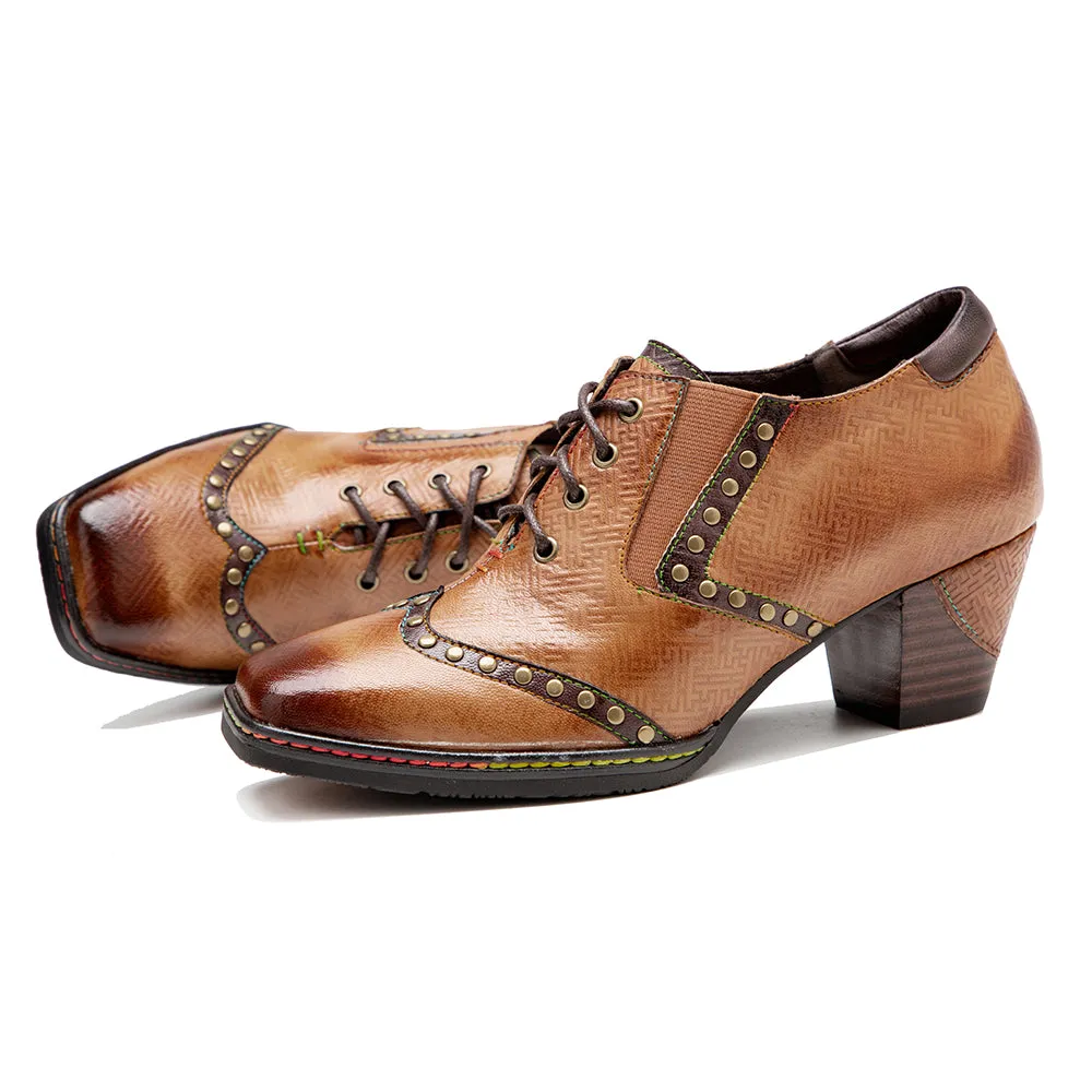 CrazycatZ Leather Pumps,Women Colorful Vintage Block Heel Oxford Vintage Shoes Brown