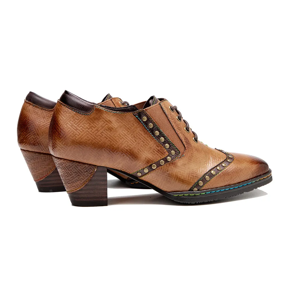 CrazycatZ Leather Pumps,Women Colorful Vintage Block Heel Oxford Vintage Shoes Brown