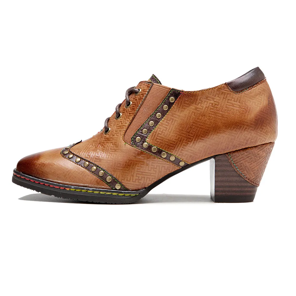 CrazycatZ Leather Pumps,Women Colorful Vintage Block Heel Oxford Vintage Shoes Brown
