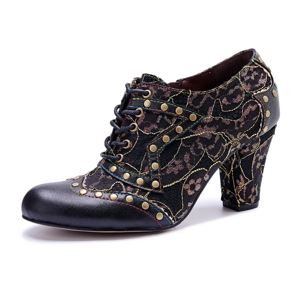 CrazycatZ Leather Pumps,Women  Vintage Block Heel Oxford Vintage Shoes Color Blocking Oxford Shoes 80304