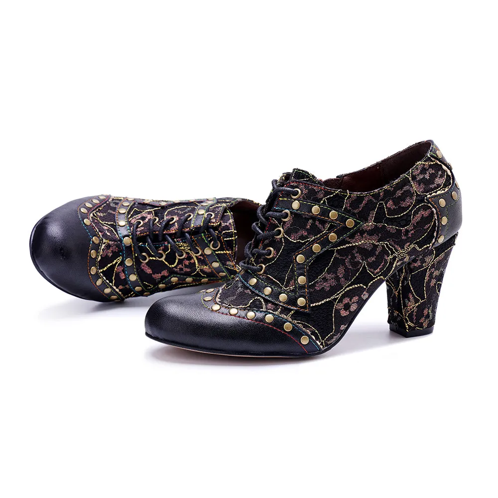 CrazycatZ Leather Pumps,Women  Vintage Block Heel Oxford Vintage Shoes Color Blocking Oxford Shoes 80304