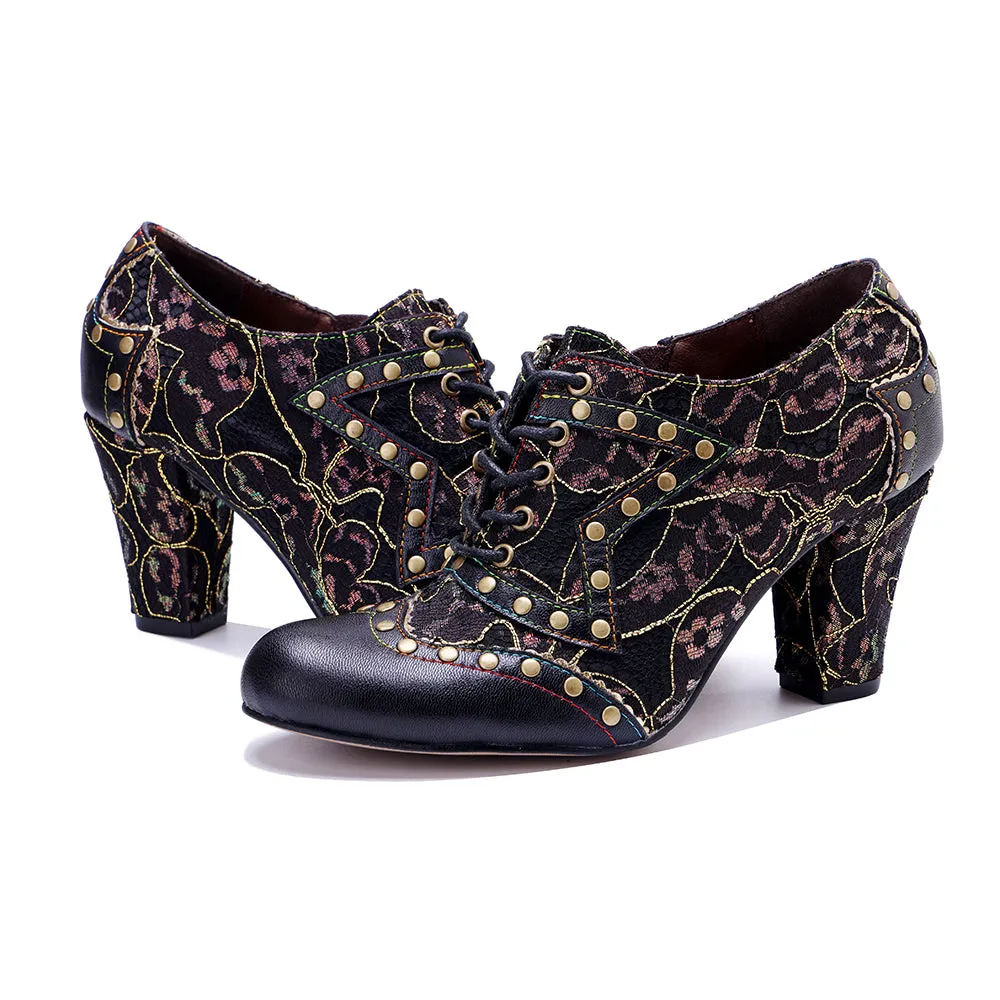 CrazycatZ Leather Pumps,Women  Vintage Block Heel Oxford Vintage Shoes Color Blocking Oxford Shoes 80304