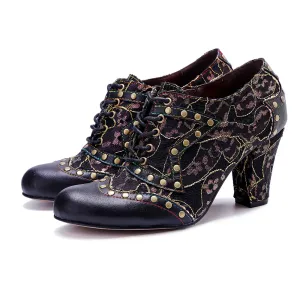 CrazycatZ Leather Pumps,Women  Vintage Block Heel Oxford Vintage Shoes Color Blocking Oxford Shoes 80304