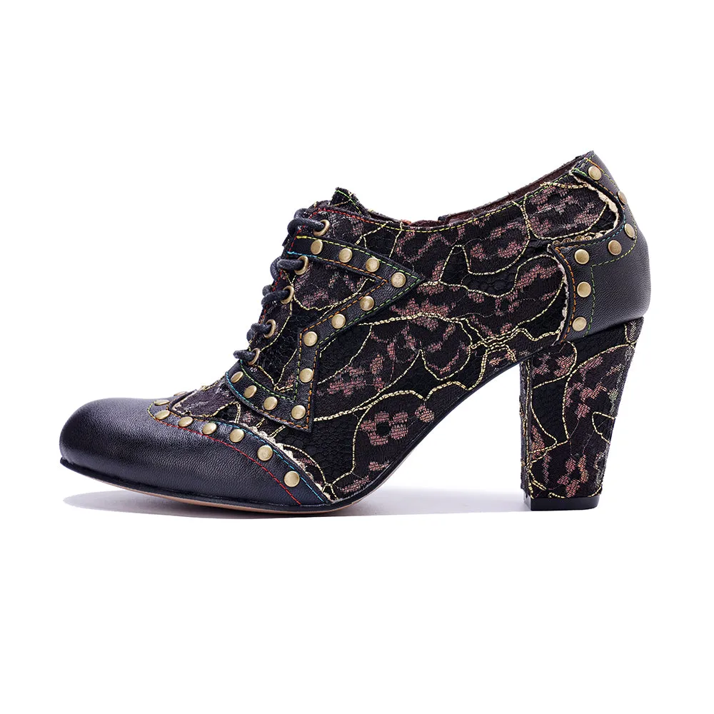 CrazycatZ Leather Pumps,Women  Vintage Block Heel Oxford Vintage Shoes Color Blocking Oxford Shoes 80304