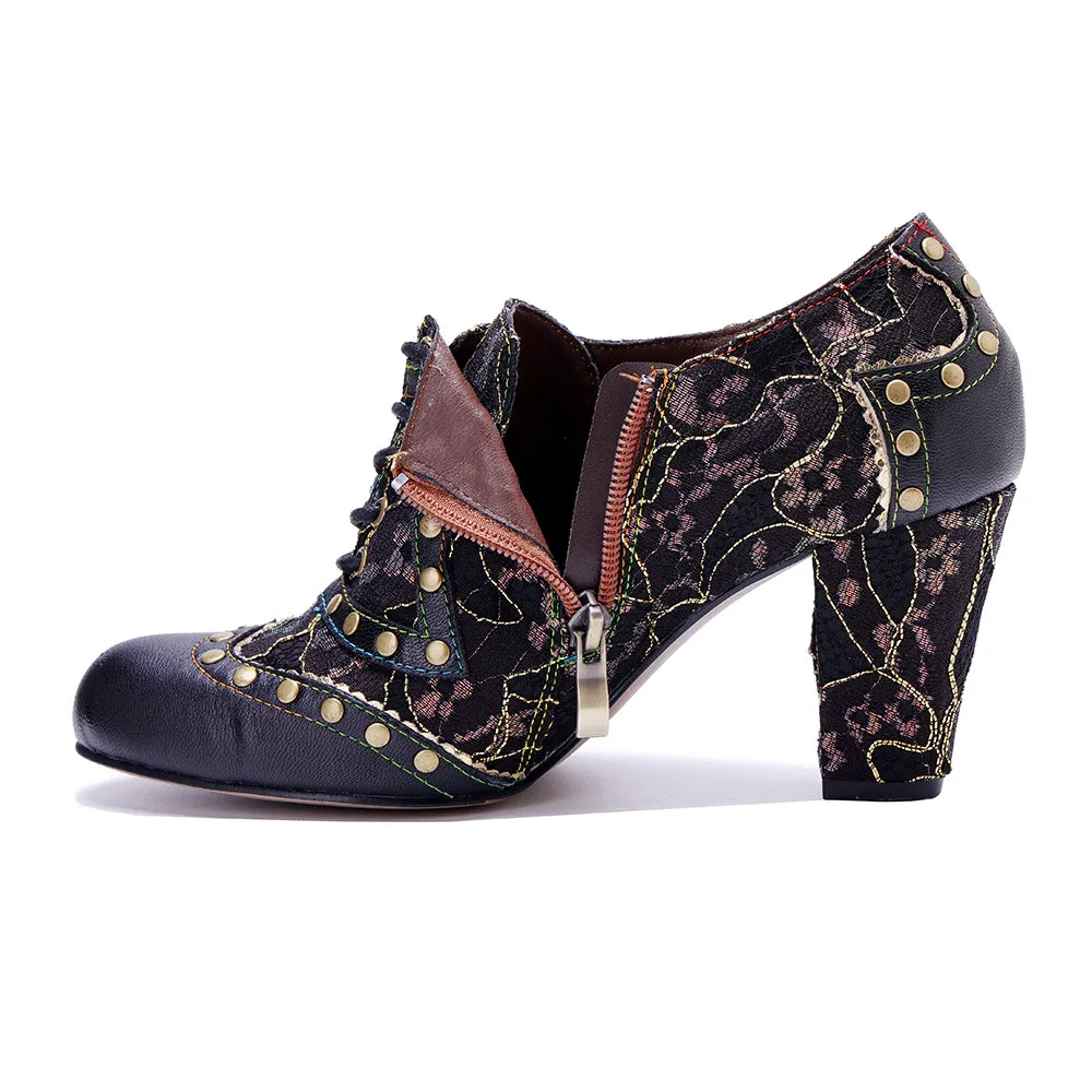 CrazycatZ Leather Pumps,Women  Vintage Block Heel Oxford Vintage Shoes Color Blocking Oxford Shoes 80304