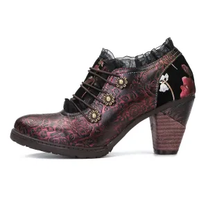 CrazycatZ Leather Pumps,Women  Vintage Block Heel Oxford Vintage Shoes Colorful Lace Trim Chunky Heels Pumps Red