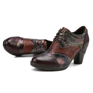 CrazycatZ Leather Pumps,Women Vintage Block Heel Oxford Vintage Shoes Colorful Leather Pumps Brown