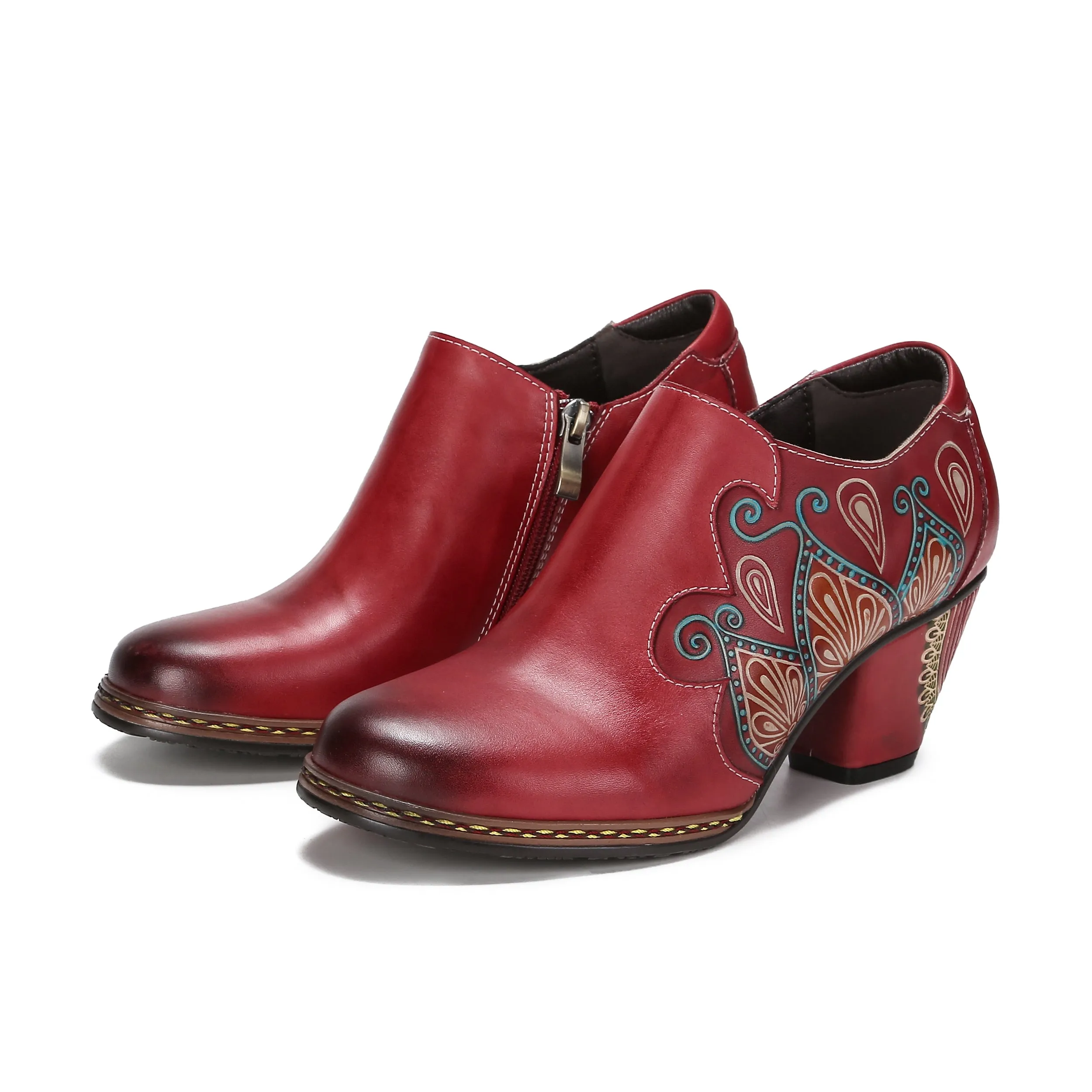 CrazycatZ Leather Pumps,Women  Vintage Block Heel Oxford Vintage Shoes Floral Oxford Shoes Red