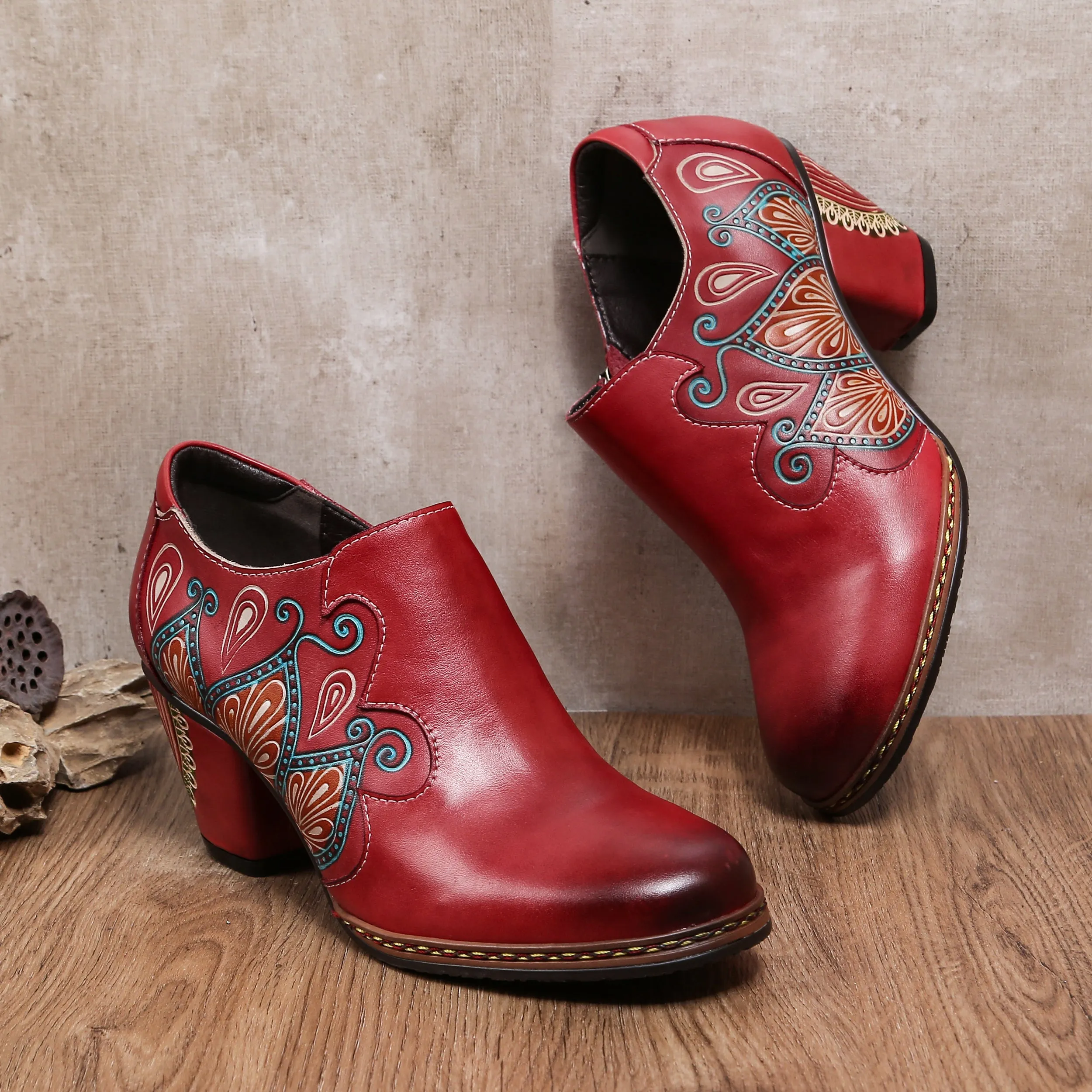 CrazycatZ Leather Pumps,Women  Vintage Block Heel Oxford Vintage Shoes Floral Oxford Shoes Red