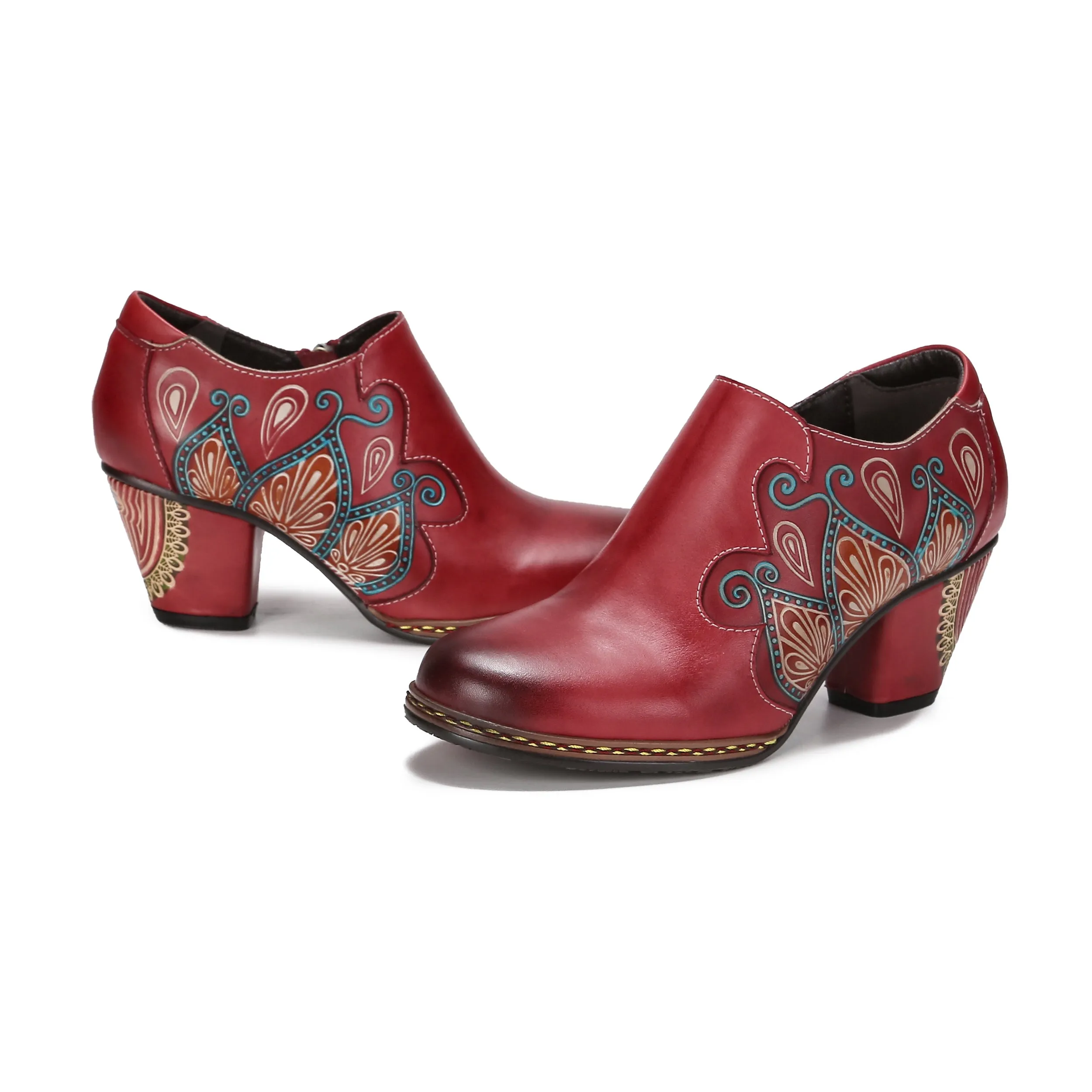 CrazycatZ Leather Pumps,Women  Vintage Block Heel Oxford Vintage Shoes Floral Oxford Shoes Red
